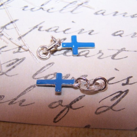 Pair (2) Sterling Silver Blue Enamel Religious Cross Charms - Picture 3 of 5